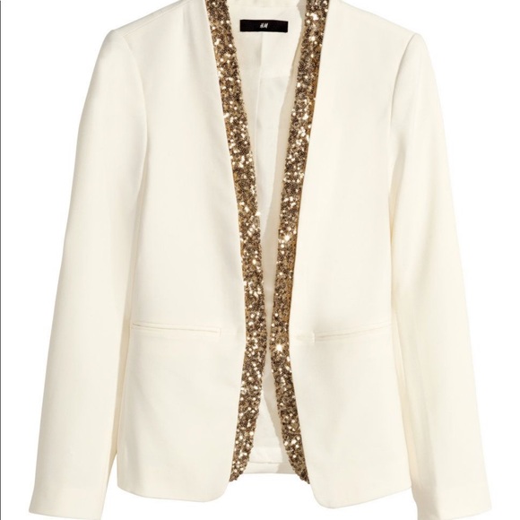 H&M Ivory Open Front Blazer with Gold Sequin Trim - Picture 2 of 8
